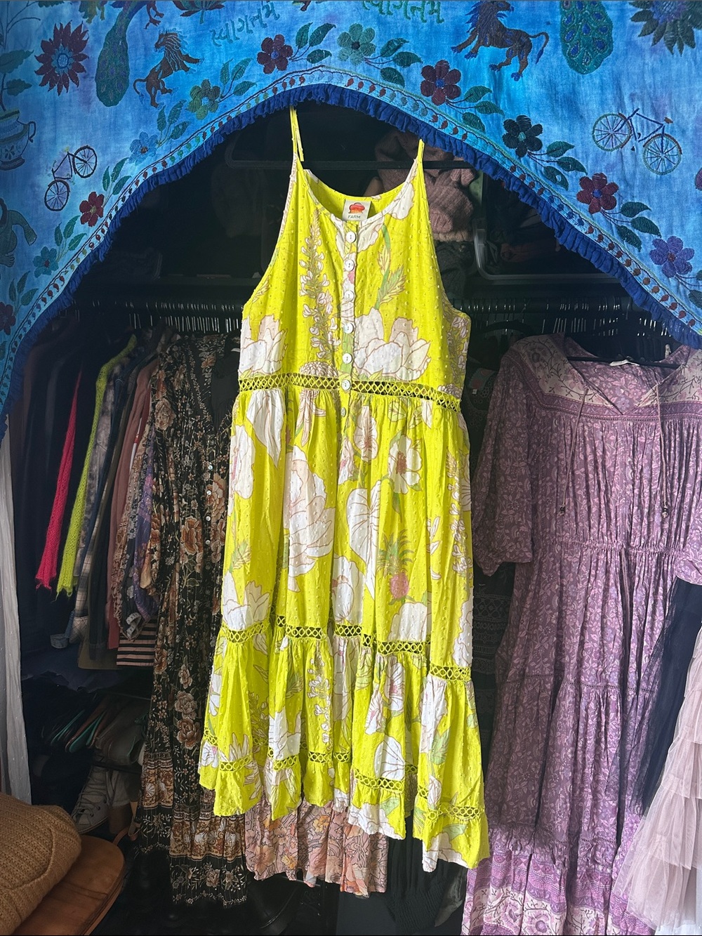 FARM Rio Neon Garden Floral Midi Summer Swiss Dot Halter Dress in neon yellow - Picture 5 of 16
